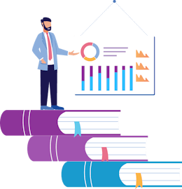 Illustration of man standing on books and pointing at charts