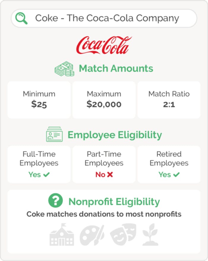Search results showing match amount and nonprofit & employee eligibility