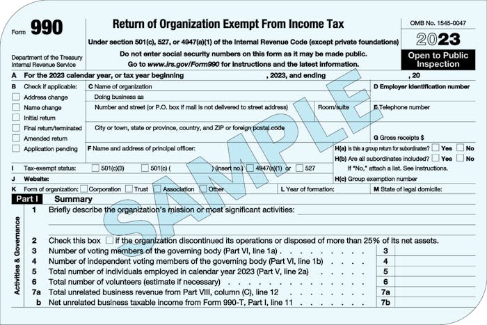 The top part of a blank example of a nonprofit Form 990.