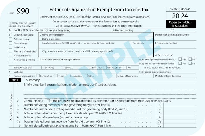A sample version of Form 990 dated 2024