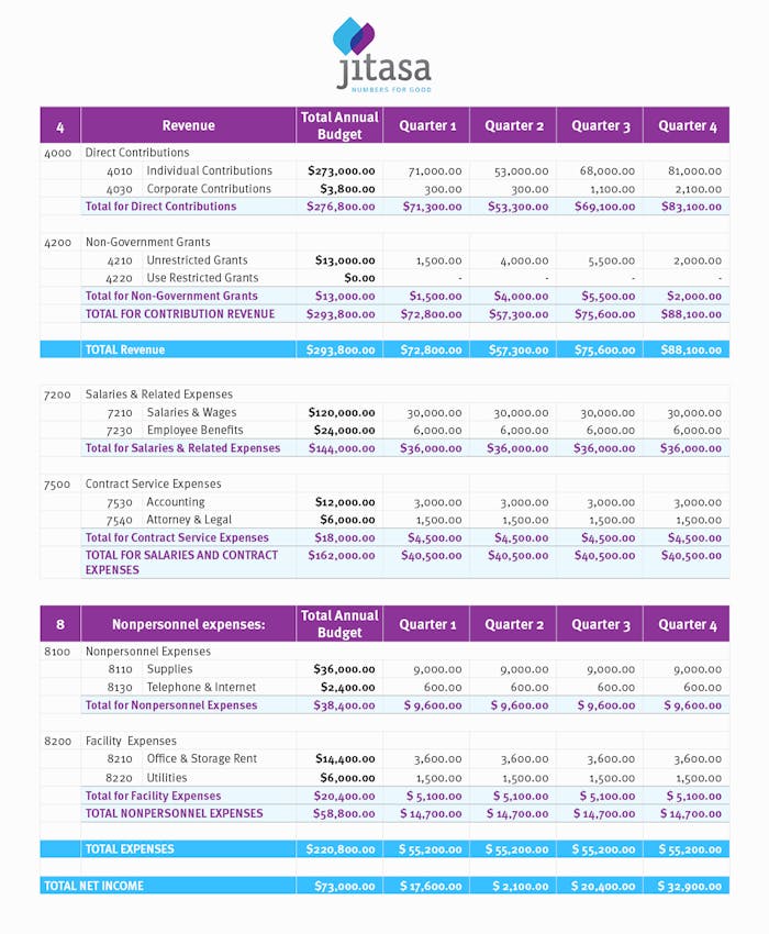 Sample budget for a fictional nonprofit.