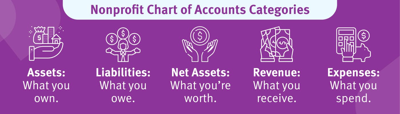 Five categories of the nonprofit chart of accounts