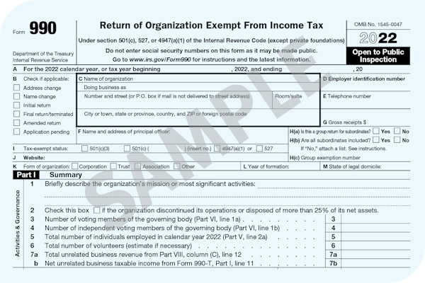 This image displays a sample copy of a nonprofit Form 990 that nonprofits may file on an annual basis.