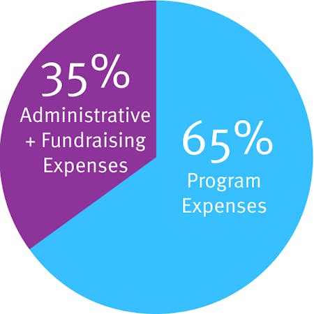 This pie chart demonstrates the 65/35 rule, which states that nonprofits should spend 65% of their funds on programming and 35% on overhead.
