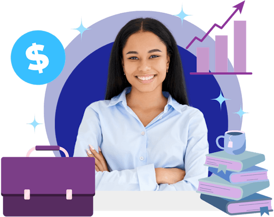 Woman smiling while circled by charts, books,bags and dollar sign icons.